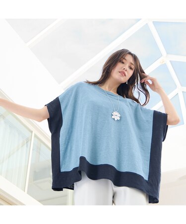 【手洗いOK・麻100％】バイカラー配色ポンチョトップ