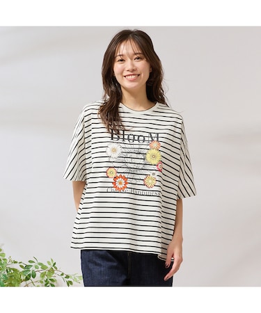 【手洗いOK・綿100％】フラワープリント＆刺繍カットソー