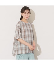【手洗いOK】キュプラチェック・ノーカラーブラウス