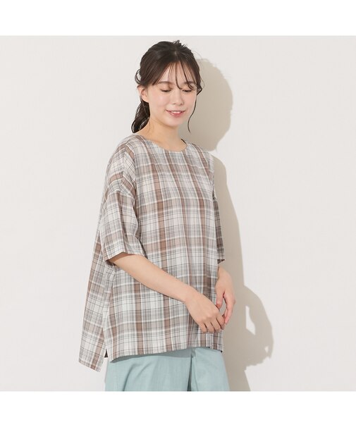 【手洗いOK】キュプラチェック・ノーカラーブラウス