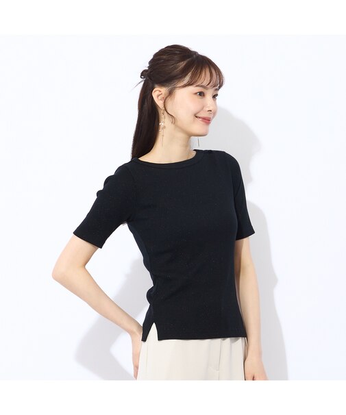 【S・Mサイズ】ラメリブジャージー　半袖Tシャツ(ブラック)