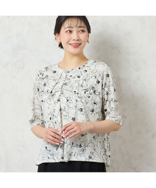 【洗える・日本製】モノトーンフラワーチュールTシャツ