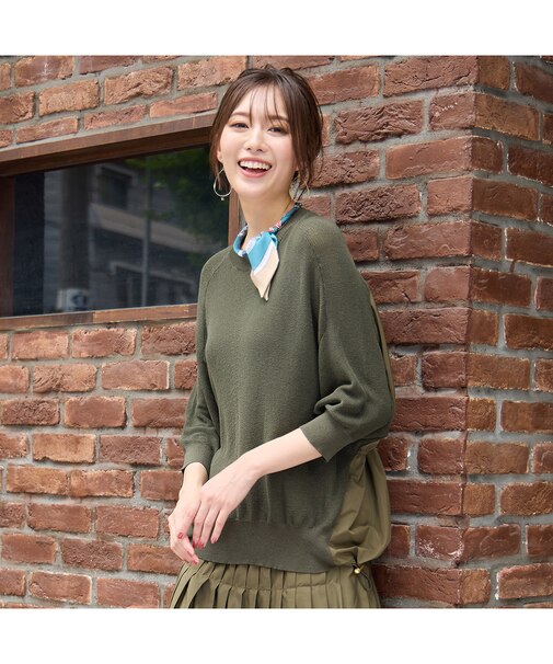 【セットアップ対応・手洗いOK】ニット×布帛ドッキングドルマンスリーブトップ