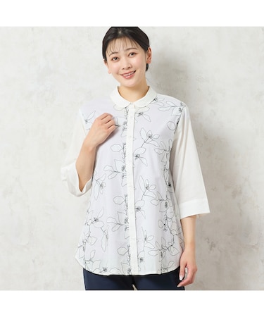 【洗える・綿100%】綿ローン花刺繍シャツ