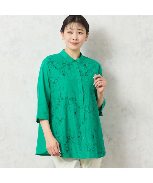 【洗える・綿100%】綿ローン花刺繍シャツ