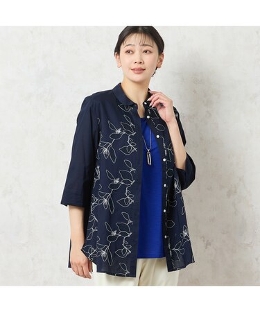 【洗える・綿100%】綿ローン花刺繍シャツ