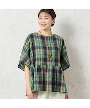 【洗える】マドラスチェック ペプラムブラウス