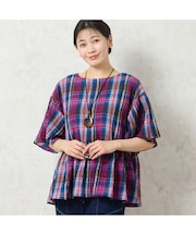 【洗える】マドラスチェック ペプラムブラウス