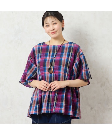 【洗える】マドラスチェック ペプラムブラウス