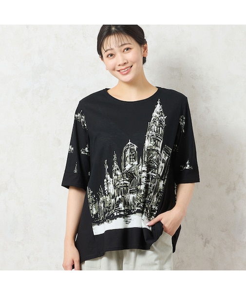 【洗える・日本製・綿100%】街並み柄コットンTシャツ