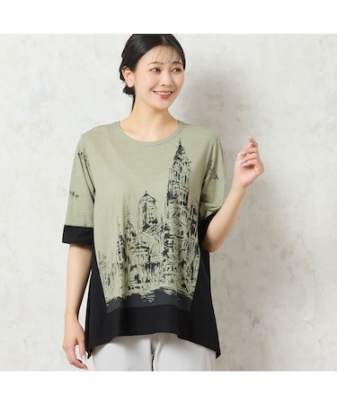 【洗える・日本製・綿100%】街並み柄コットンTシャツ