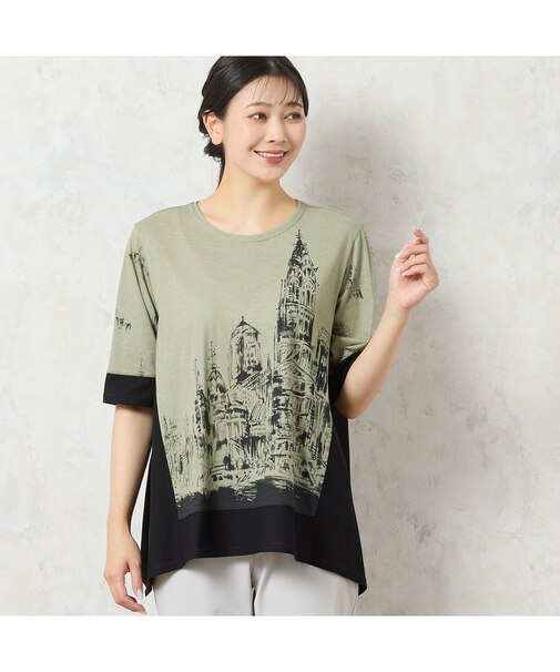 【洗える・日本製・綿100%】街並み柄コットンTシャツ