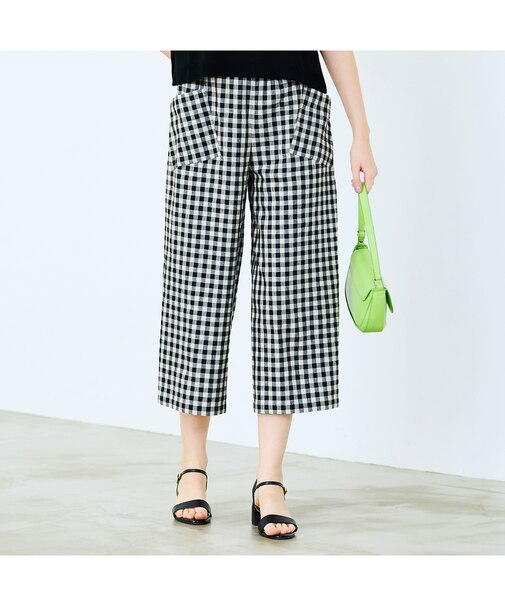 【洗える】リネンチェックプルオールゴムパンツ