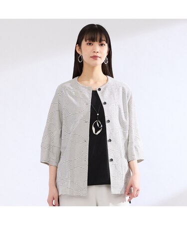 【M～4L】ウォッシャブルタックボーダージャカードブラウス