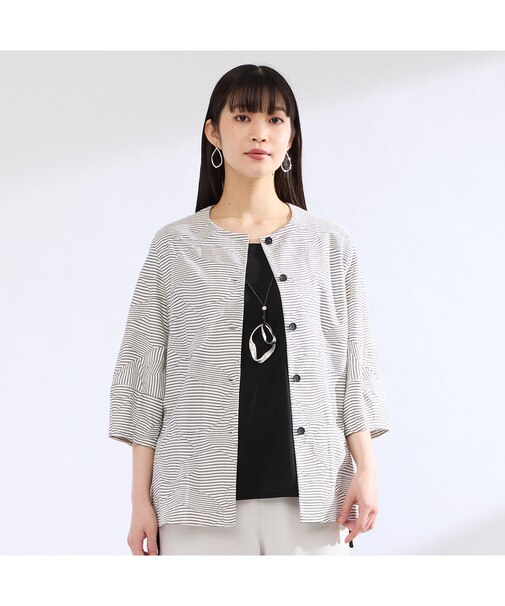 【M～4L】ウォッシャブルタックボーダージャカードブラウス