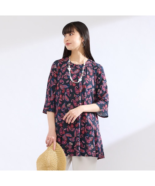 【M~4L】ウォッシャブルペイズリープリントTシャツ