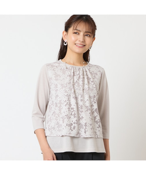 【洗える・アンサンブル可・日本製】花柄レイヤード風カットソー