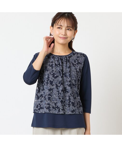 【洗える・アンサンブル可・日本製】花柄レイヤード風カットソー