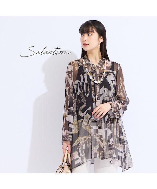 【11～17号】イタリア製素材シフォンプリントスタンドカラーブラウス