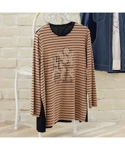 【洗える・3L/4Lサイズあり】花刺繍ボーダーカットソー