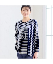 【洗える・3L/4Lサイズあり】花刺繍ボーダーカットソー