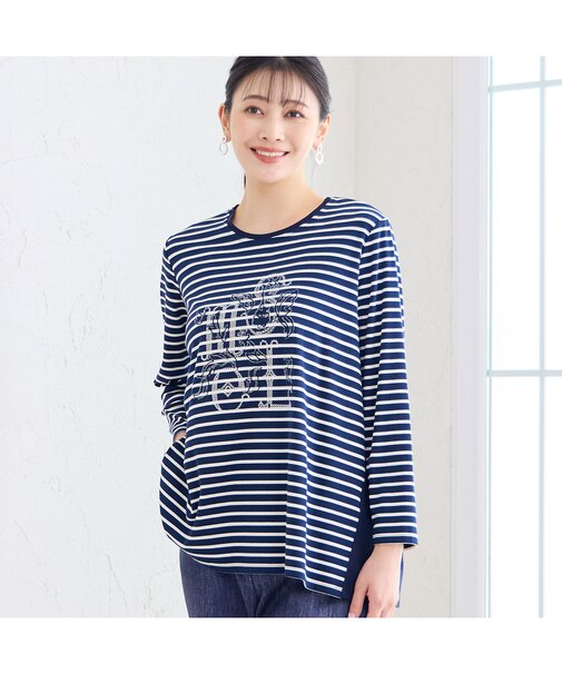 【洗える・3L/4Lサイズあり】花刺繍ボーダーカットソー