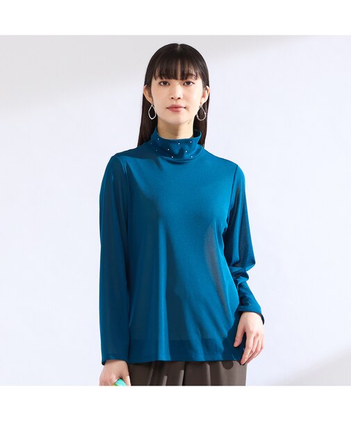 【M~4L】ウォッシャブルハイネックチュールTシャツ