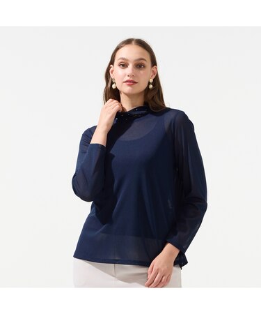 【M~4L】ウォッシャブルハイネックチュールTシャツ