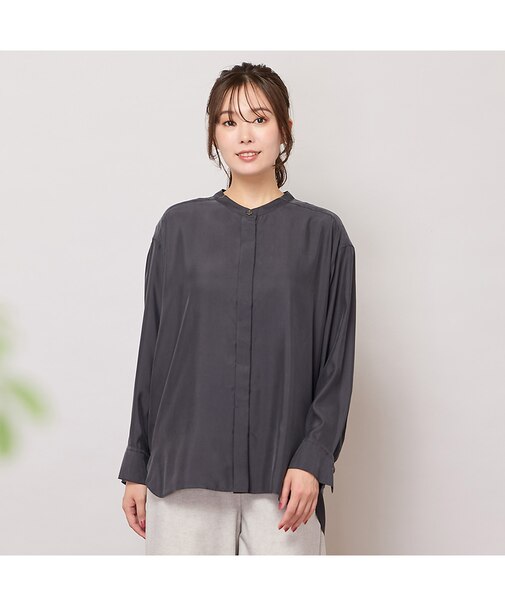 【手洗いOK・接触冷感】キュプラツイルスタンドカラーブラウス