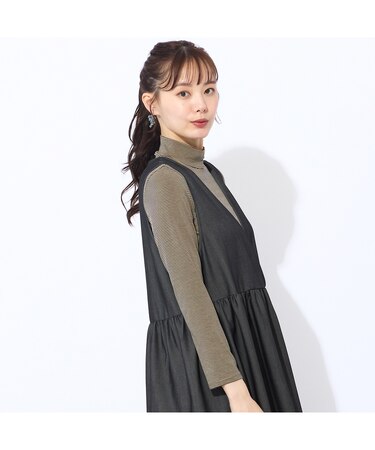 【洗える】吸湿発熱　細ボーダーハイネックTシャツ