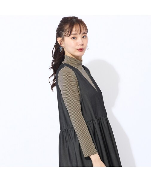 【洗える】吸湿発熱　細ボーダーハイネックTシャツ