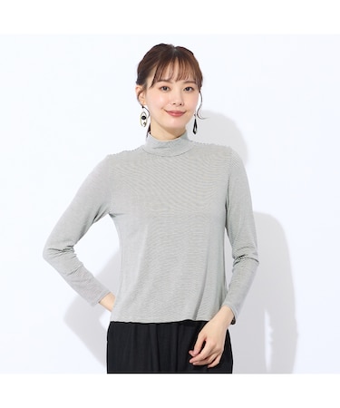 【洗える】吸湿発熱　細ボーダーハイネックTシャツ
