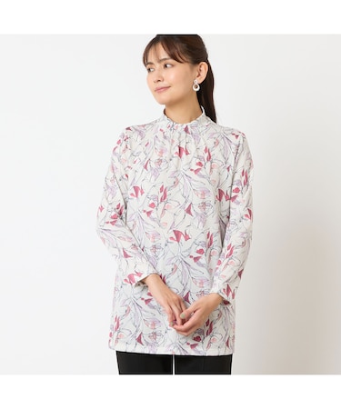 【洗える・日本製】襟ピンタック 花柄チュニック