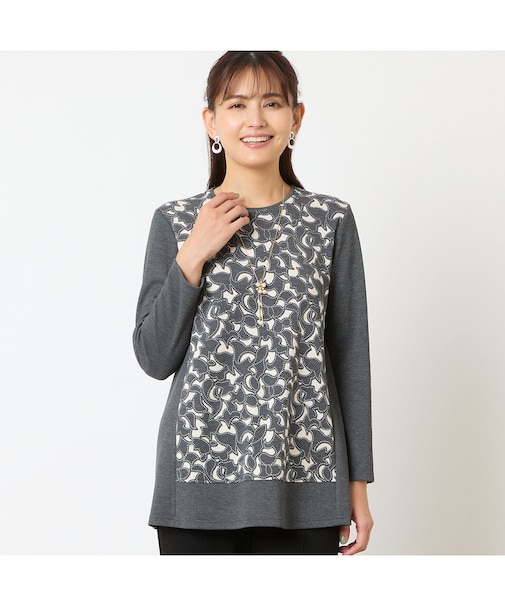 【洗える・アンサンブル可能・日本製】花柄オパール加工カットソー