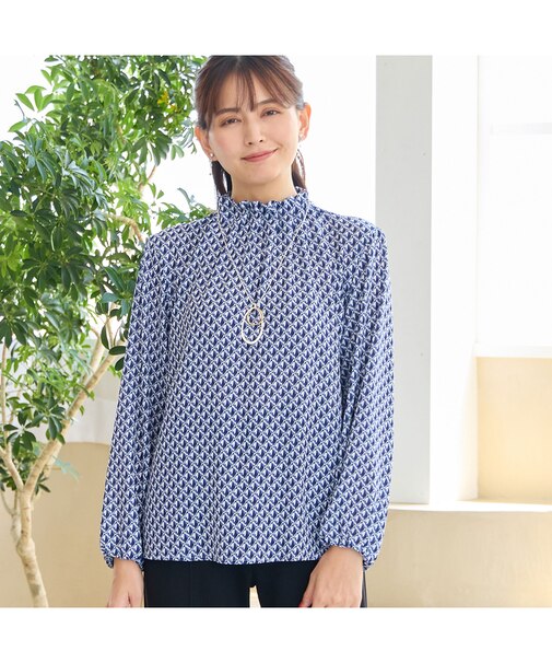 【洗える・セットアップ可能】幾何柄ギャザーブラウス