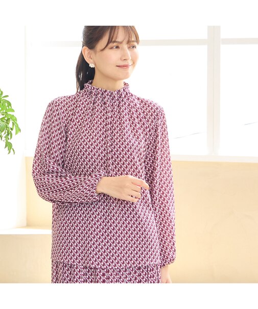 【洗える・セットアップ可能】幾何柄ギャザーブラウス