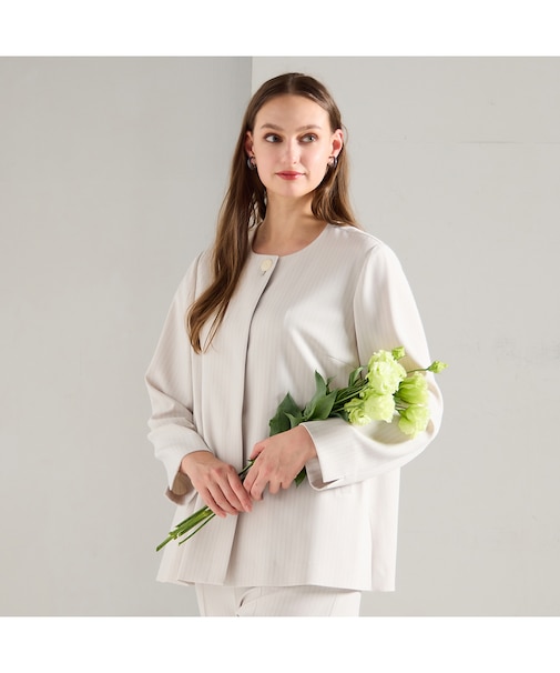 【M~4L/セットアップ対応】ストライプノーカラージャケット