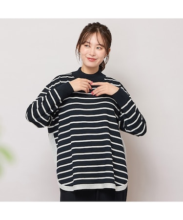 ハイネックボーダー柄ニットトップ