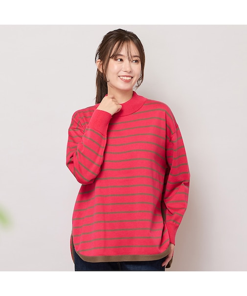 ハイネックボーダー柄ニットトップ