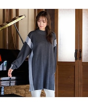 バイカラー配色・チュニック丈ハイネックニット