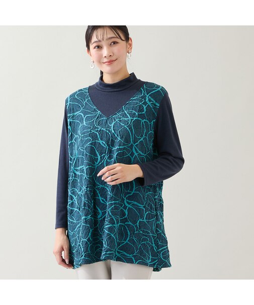 【洗える・日本製・3L/4Lサイズあり】リボン柄ジャカードカットソー