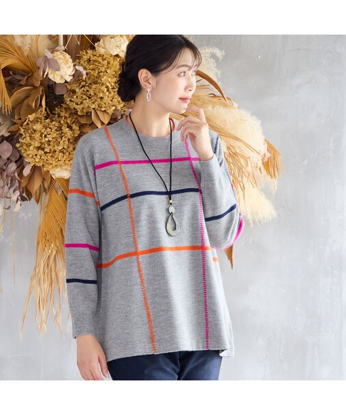 ステッチ風チェックセーター