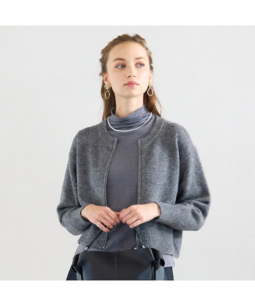 【洗える】ネップツイードジップアップニット