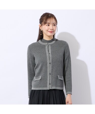 【洗える/アンサンブル対応】柄縁取りウール混ニットカーディガン