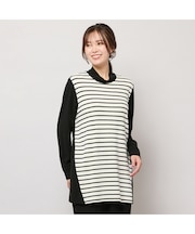 【手洗いOK・保温・吸湿発熱】ボーダー×無地ハイネックカットソー