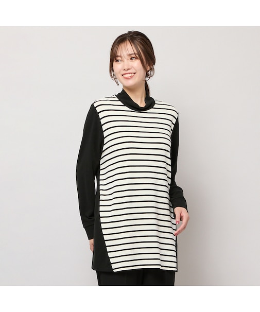 【手洗いOK・保温・吸湿発熱】ボーダー×無地ハイネックカットソー