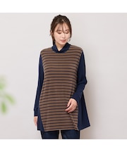 【手洗いOK・保温・吸湿発熱】ボーダー×無地ハイネックカットソー