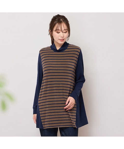 【手洗いOK・保温・吸湿発熱】ボーダー×無地ハイネックカットソー