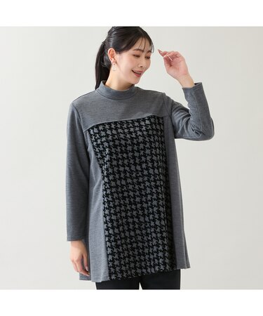 【洗える・日本製・3L/4Lサイズあり】千鳥柄フロッキーチュニック
