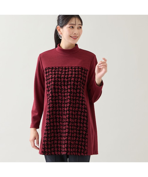 【洗える・日本製・3L/4Lサイズあり】千鳥柄フロッキーチュニック